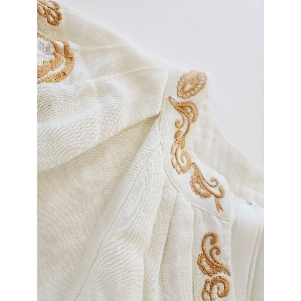 Cartolina Lizette Linen Blend Embroidered Belted Puff Sleeve Ivory Midi Dress M - Picture 13 of 16